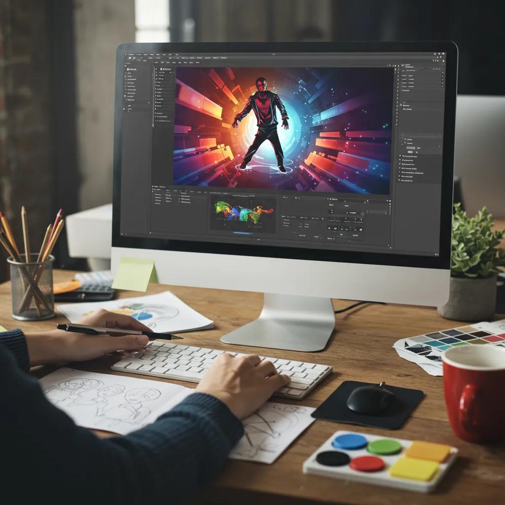 Designer creating motion graphics and animation for commercial videos