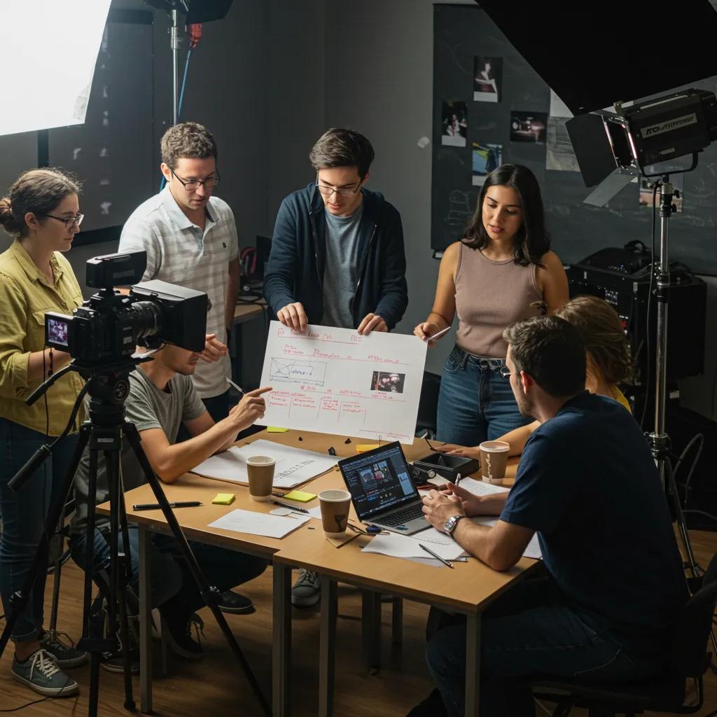 Video production team collaborating on a project with camera and lighting equipment