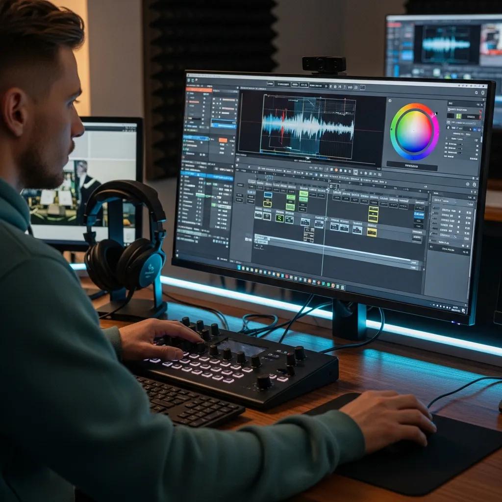 Editor color grading footage and fine-tuning sound in a professional editing suite