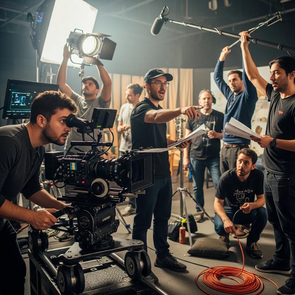 A video production team collaborating on set &mdash; diverse crew coordinating a shoot