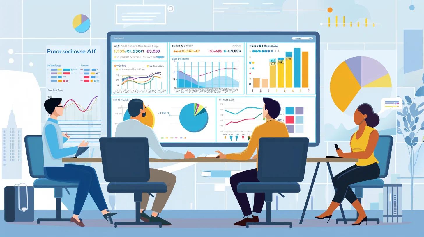 Video marketing team reviewing analytics and performance on screens in a modern office